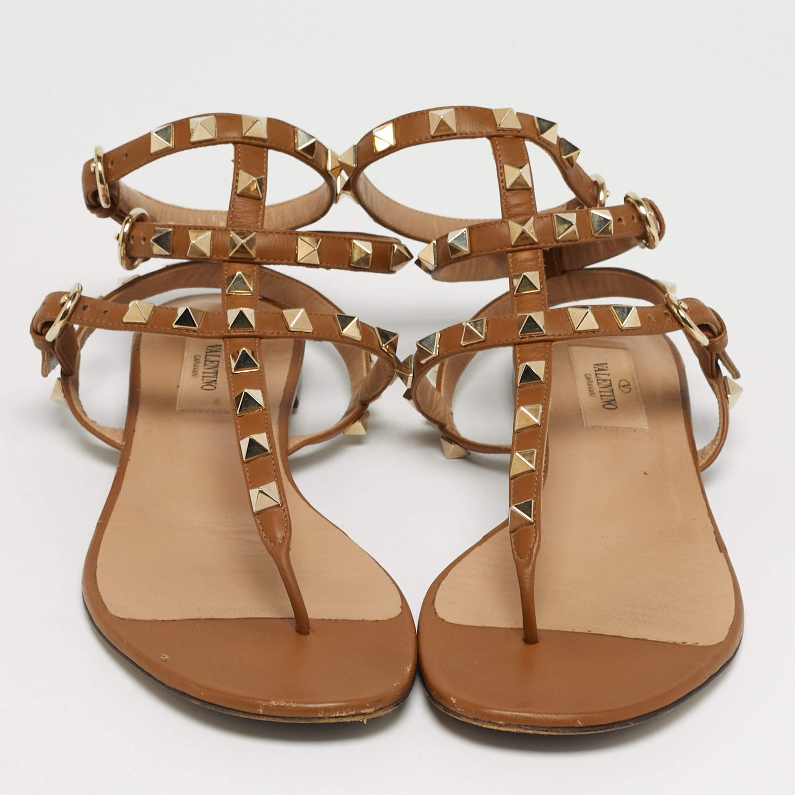 Valentino Brown Leather Rockstud Ankle Strap Thong Sandals Size 36.5