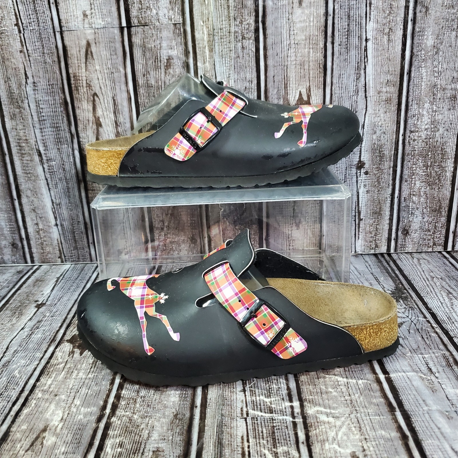 Birkenstock Birki’s Unisex Woodby Black Plaid Reindeer Graphic Clog Size 39 W8