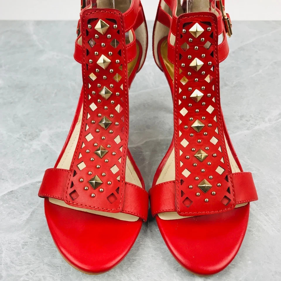 Vince Camuto Red Leather Studded T-Straps Buckle Heels Open toe Womens Size 8