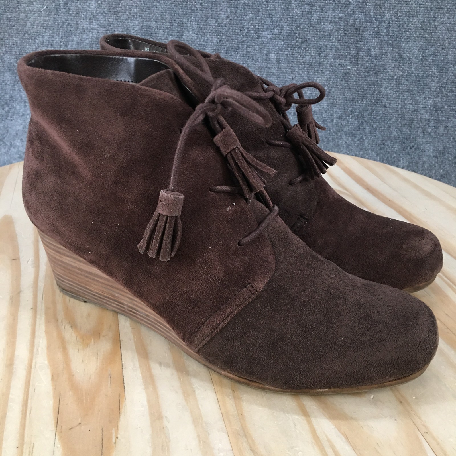 Dr. Scholl’s Boots Womens 9.5 M Dakota Ankle Bootie Brown Fabric Wedge Heels