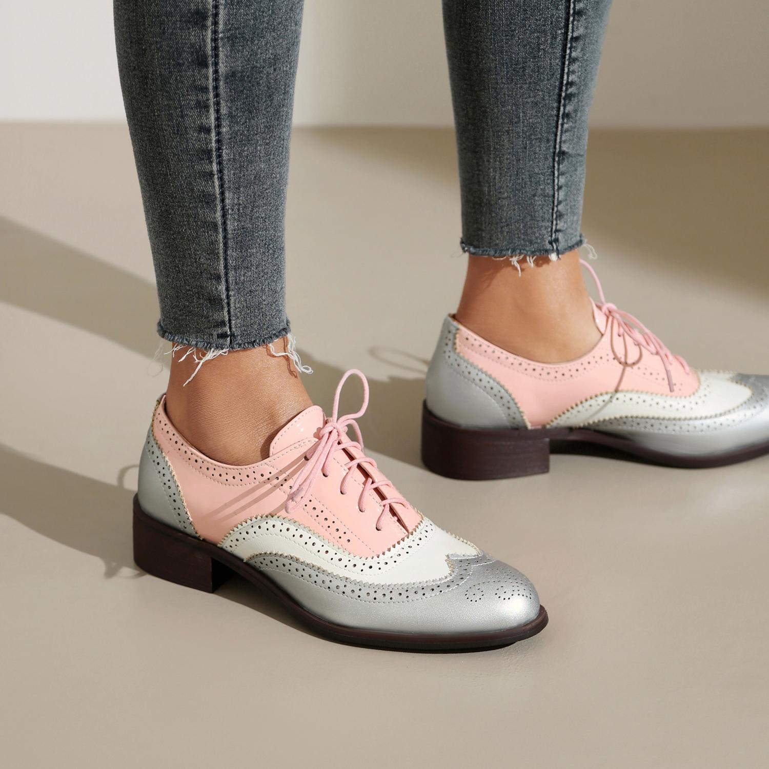 Women’s Wing Tip Lace Up Brogue College Pumps Leather Colorblock Shoes Plus Size