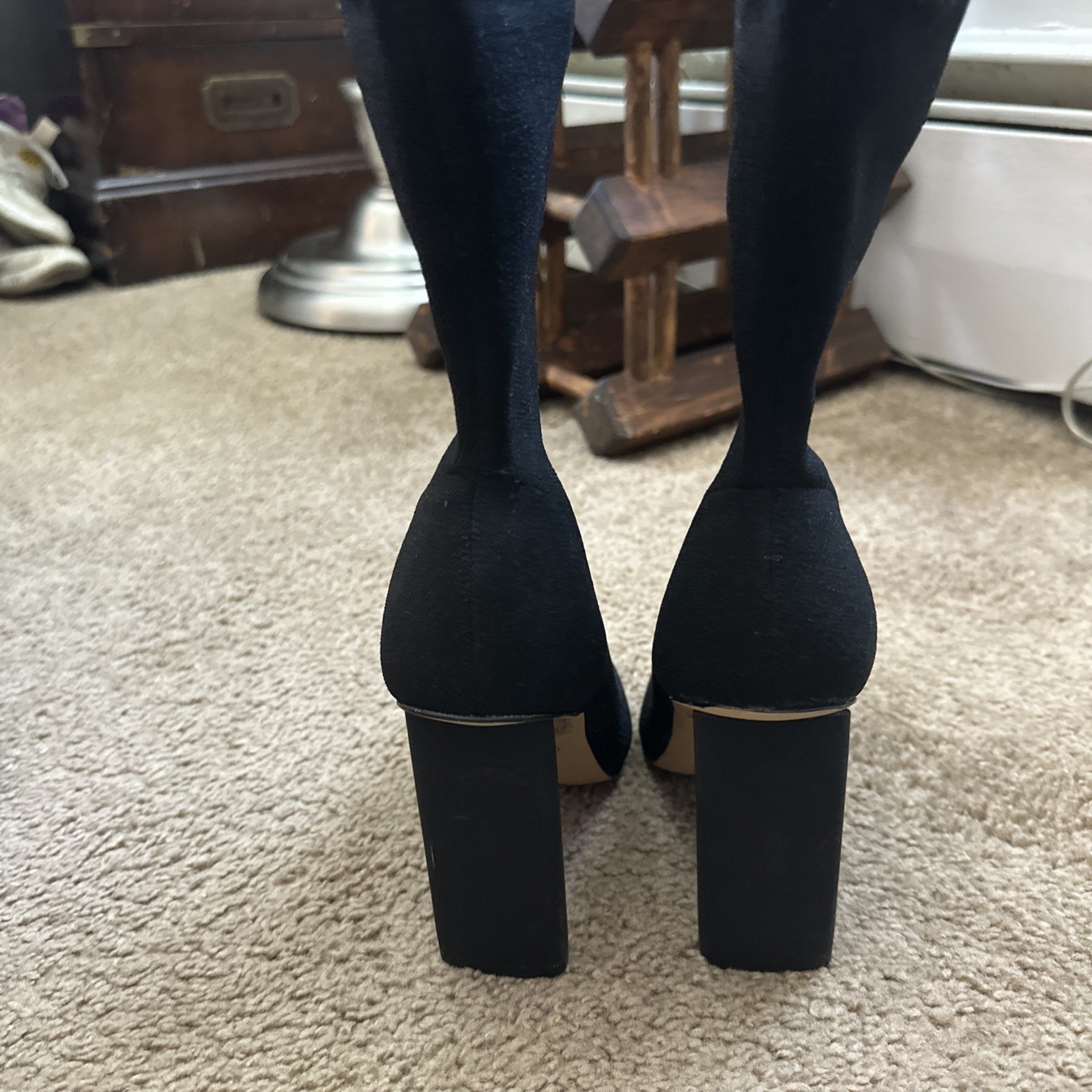 ALDO Black Knit Fabric Pointed Toe Pull On Block High Heel Ankle Booties Sz 6.5