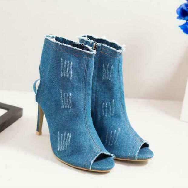 Women Open Toe Slingback Ripped Jeans Ankle Boots Denim Side Zip Stilettos Heels