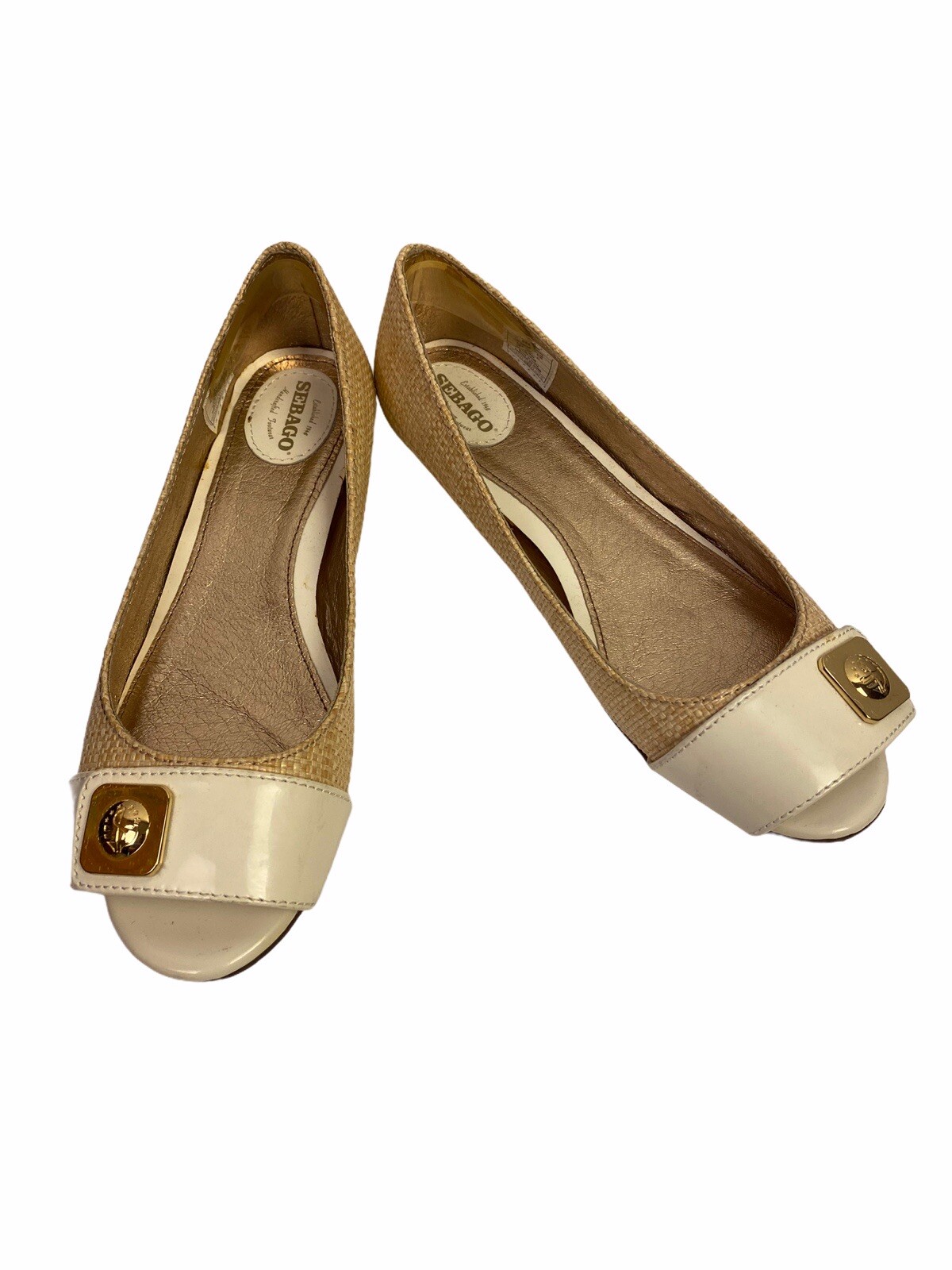 Sebago open toe flats gold detail woven straw look size US 6.5