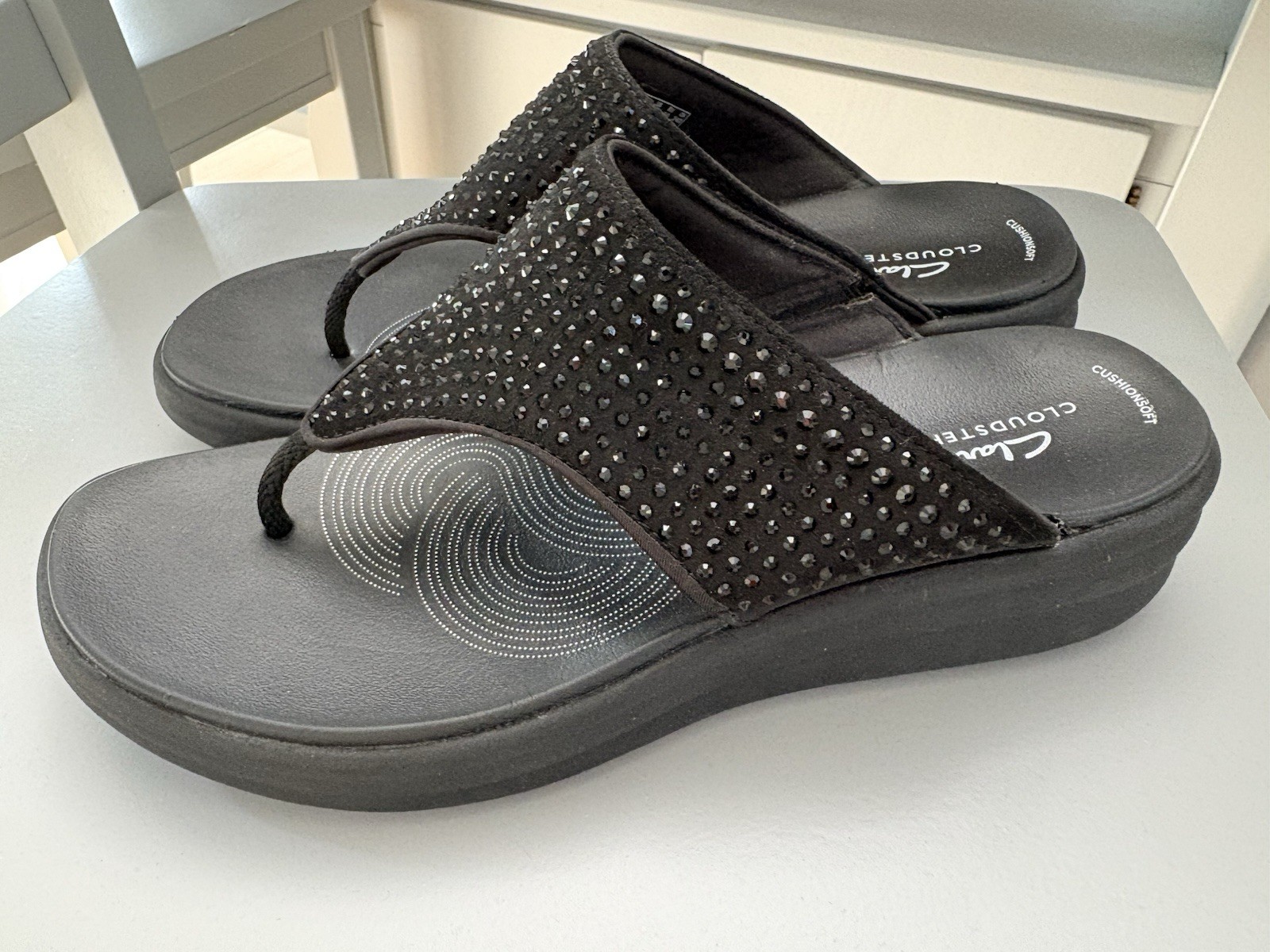Clarks Drift Jaunt Cloud Steppers Sandals Rhinestone Thong Platform Black 8