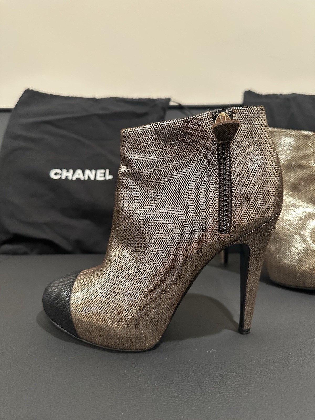 Original Chanel Metallic Cap-Toe Platform Ankle Boots Heels Women’s EU 36.5