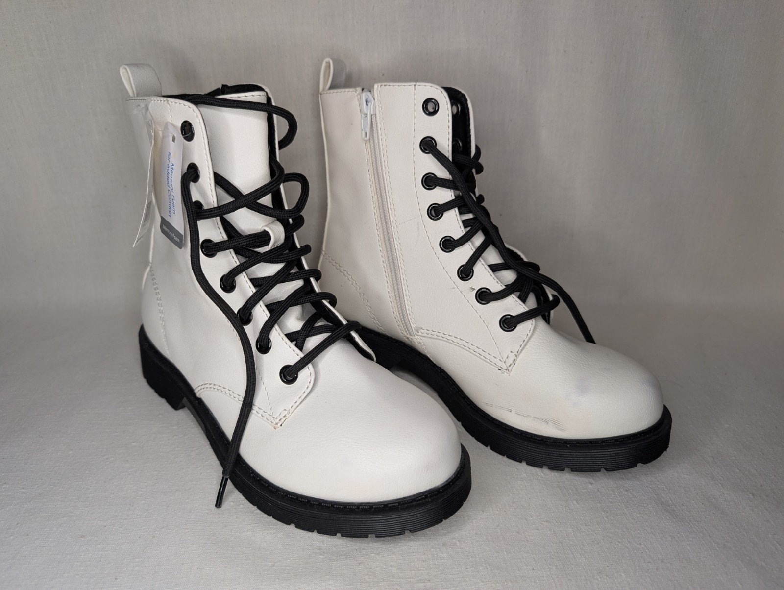 Size 6 Time And Tru White Combat Boots, Lace Up & Side Zip Ankle Booties, Clean!
