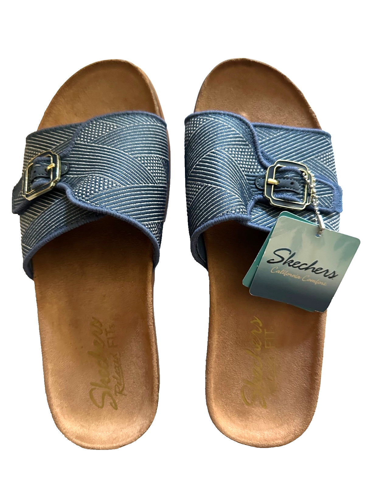 NEW Skechers Womens Lifted Comfort Restless Wave Sandal / Slide, Navy, Sz 7