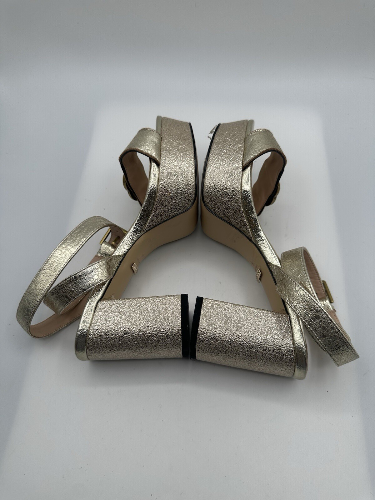 Gucci Marmont GG Metallic Leather Block Heel Ankle Strap Sandal Women Sz 38/ 7.5