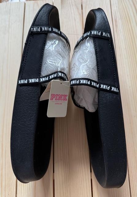 Victoria’s Secret PINK Sandals Slip On Slides Black Clear Strap New Medium 7-8