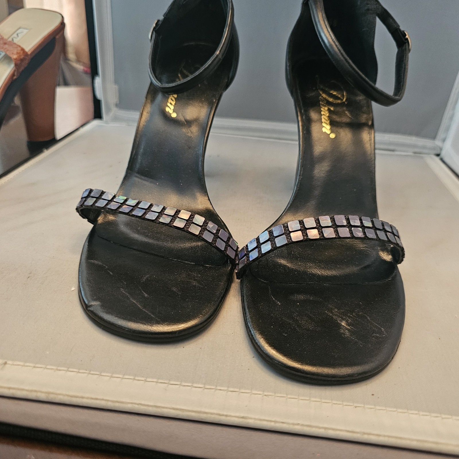 Delman Made in Spain Size 10.5 M Black Open Toe 4″ High Heels, See Pics for Cond