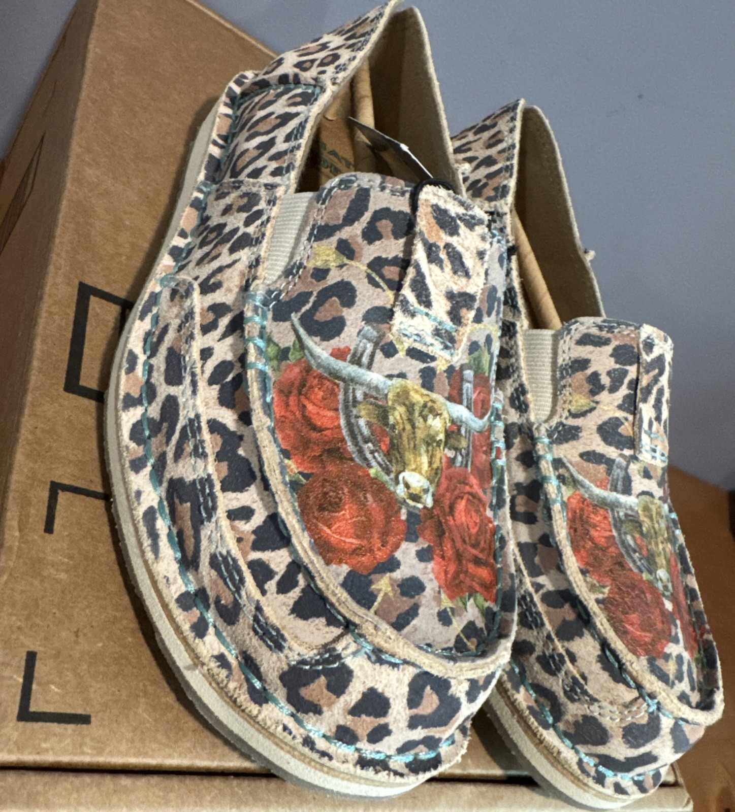 Ariat Cruiser Rodeo Quincy Women’s 7 Slip-On Cheetah Steer Roses Western Cowboy