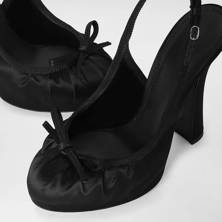 Black Satin Bow Decor Round Toe Pleated Platform Slingback Heels FSJ202504078A-3