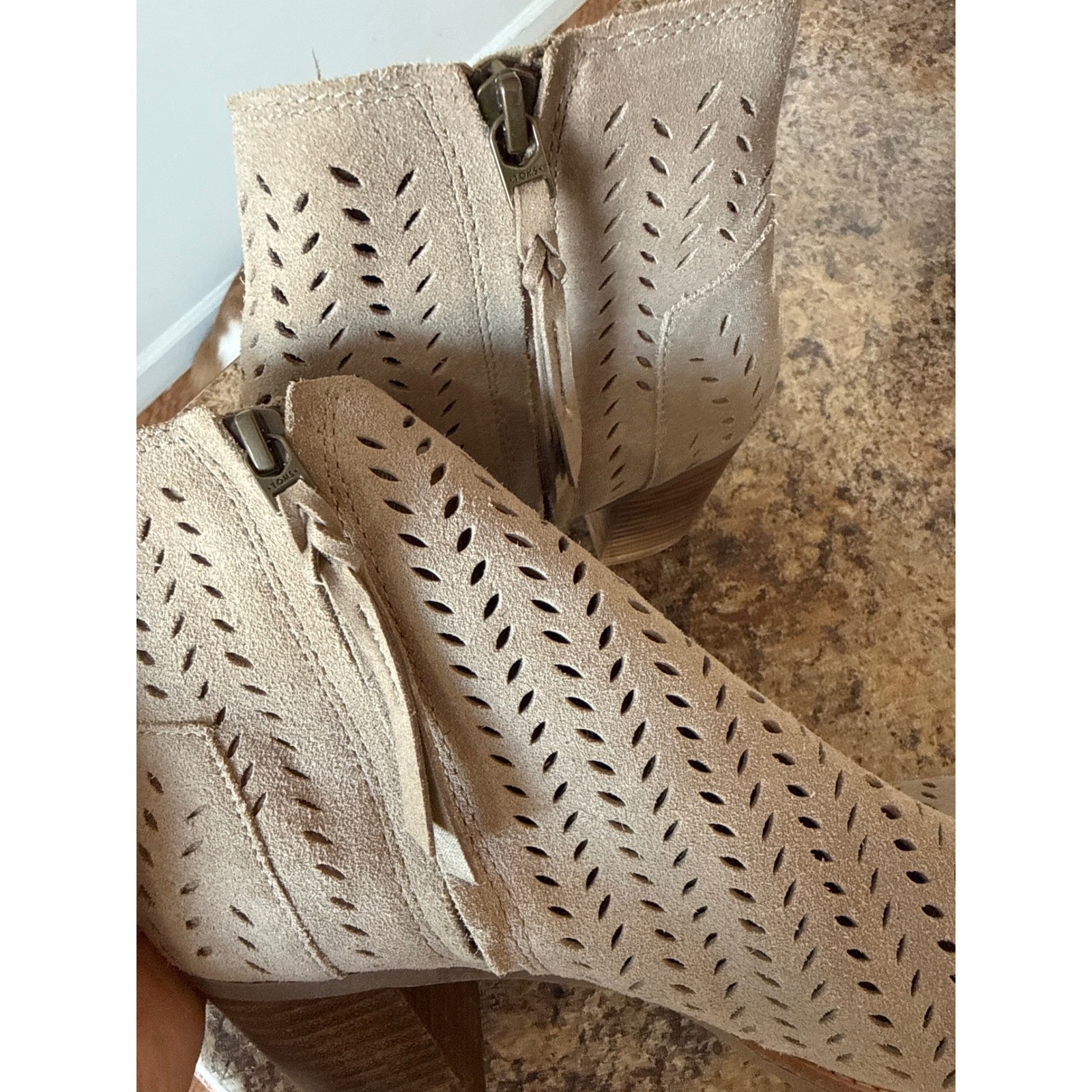 TOMS Majorca Size 10 Peep Toe Booties Desert Taupe Suede Perforated Ankle Boots