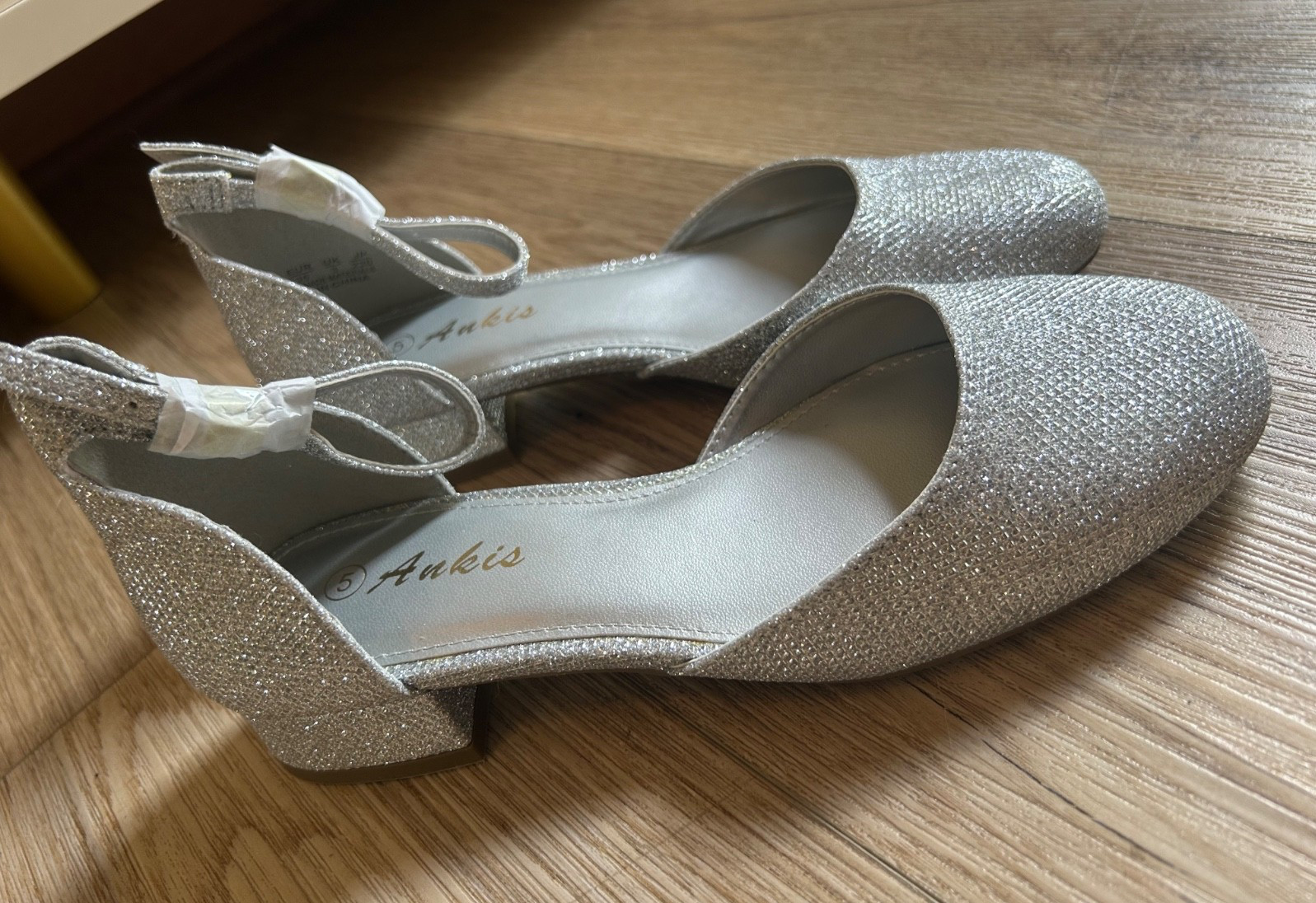 Size 5 silver glitter round toe ankle strap low heels NWOT dressy glam party
