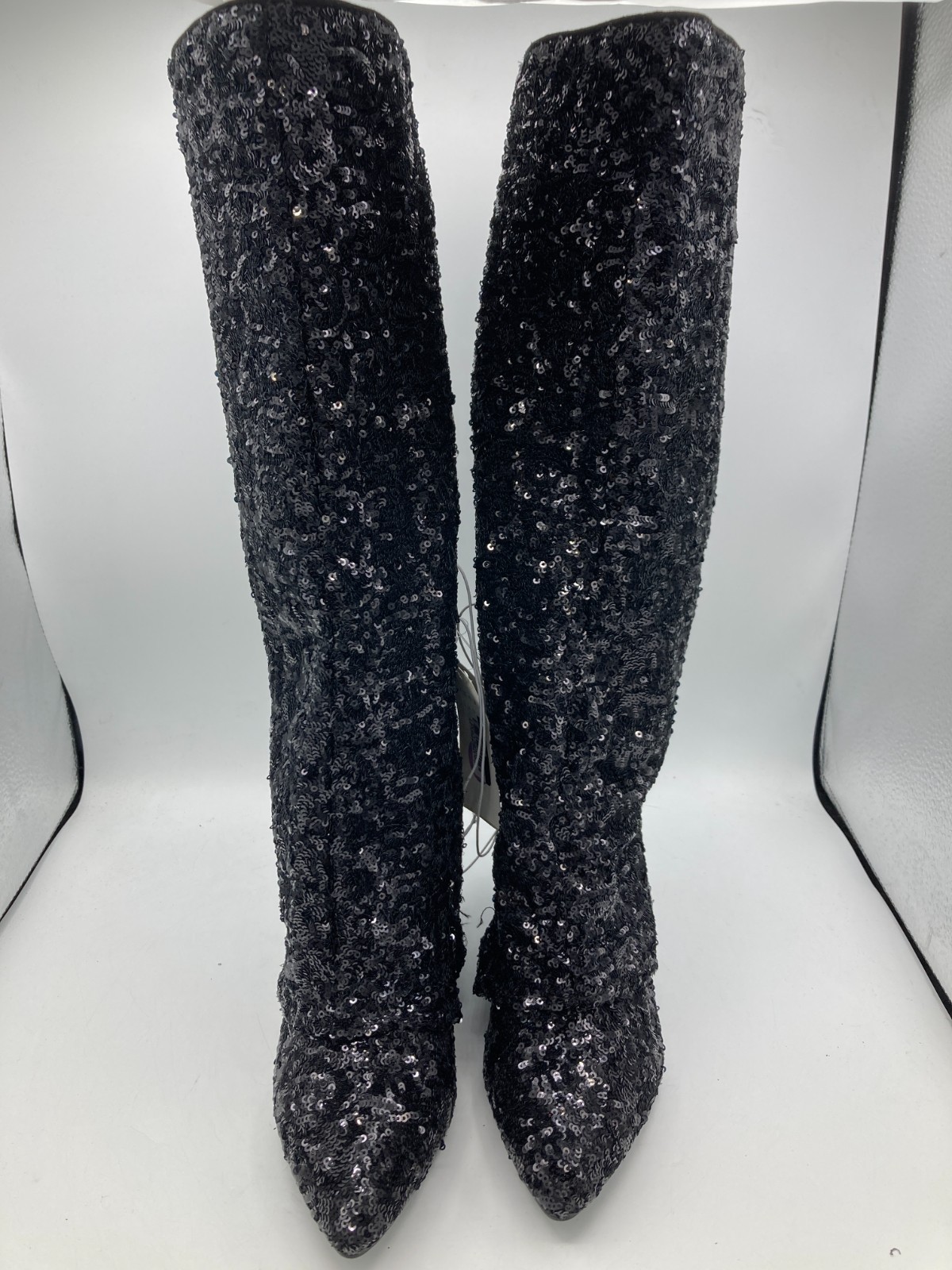 A New Day Abba Black Sequin Covered Foldover Knee High Evening Boots — Size 6.5
