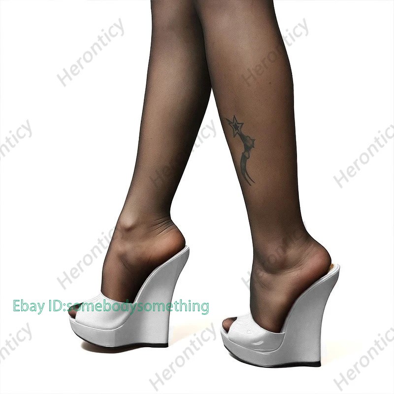 Handmade Women Summer Mules Sandals 18cm Wedges High Heels Peep Toe Shoes