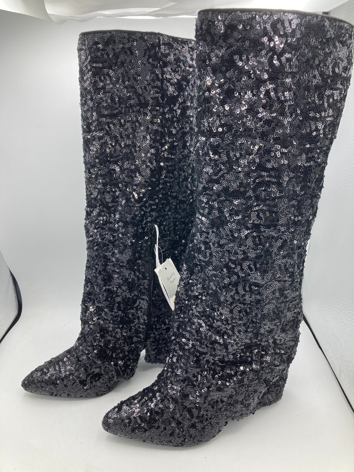 A New Day Abba Black Sequin Covered Foldover Knee High Evening Boots — Size 6.5