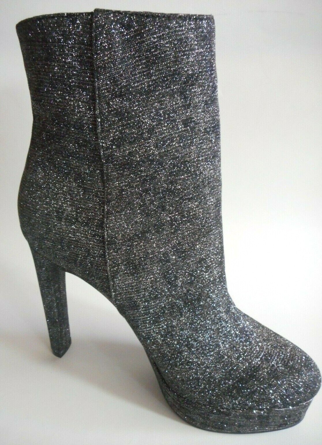NEW GUESS LA Size 8.5 Shiny Glitter Silver Fabric High Heel Fashion Boots