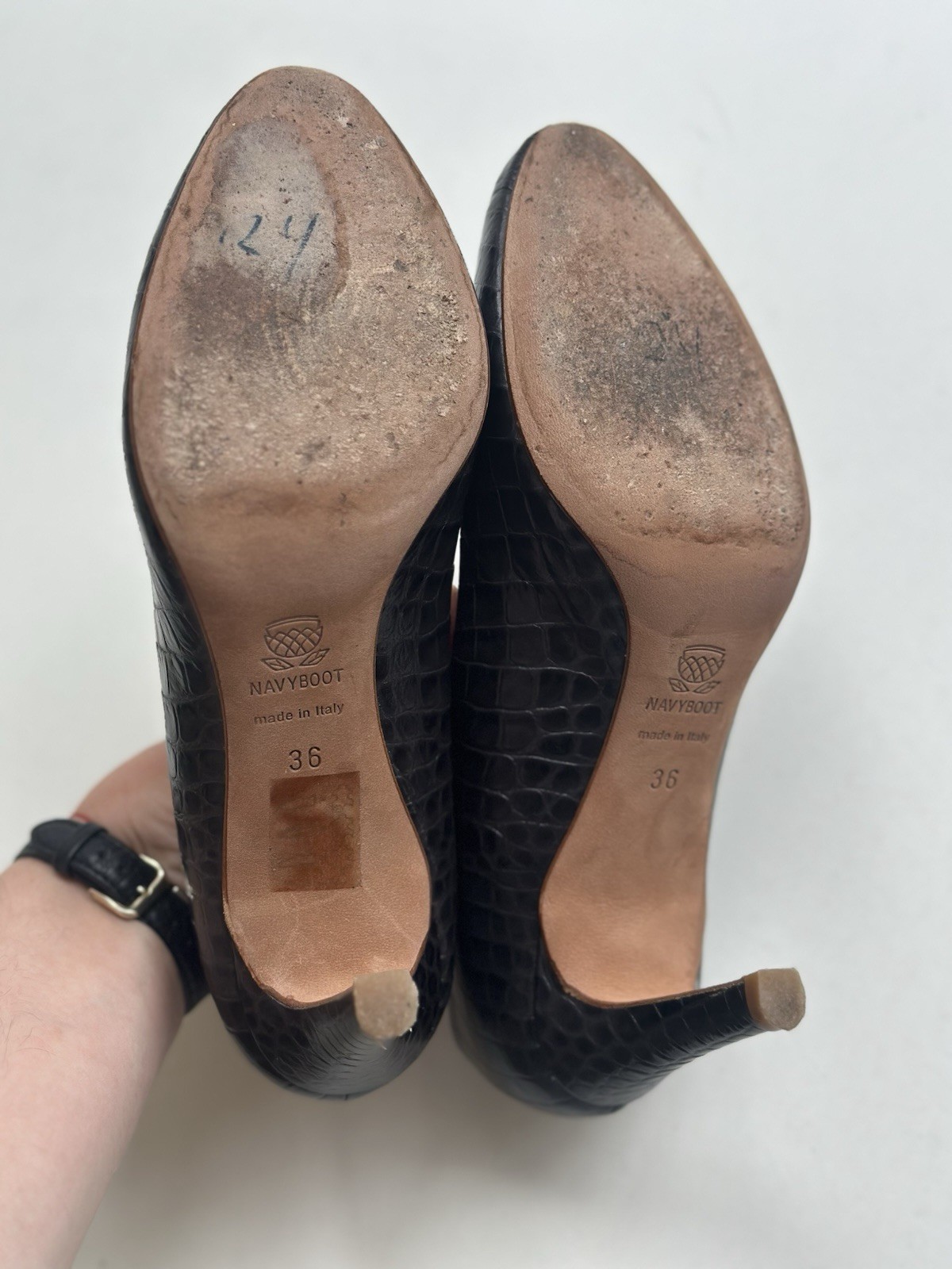 Navyboot Italian Navy Blue Crocodile Leather Pumps, Size 36 EU (6 US / 3.5 UK)