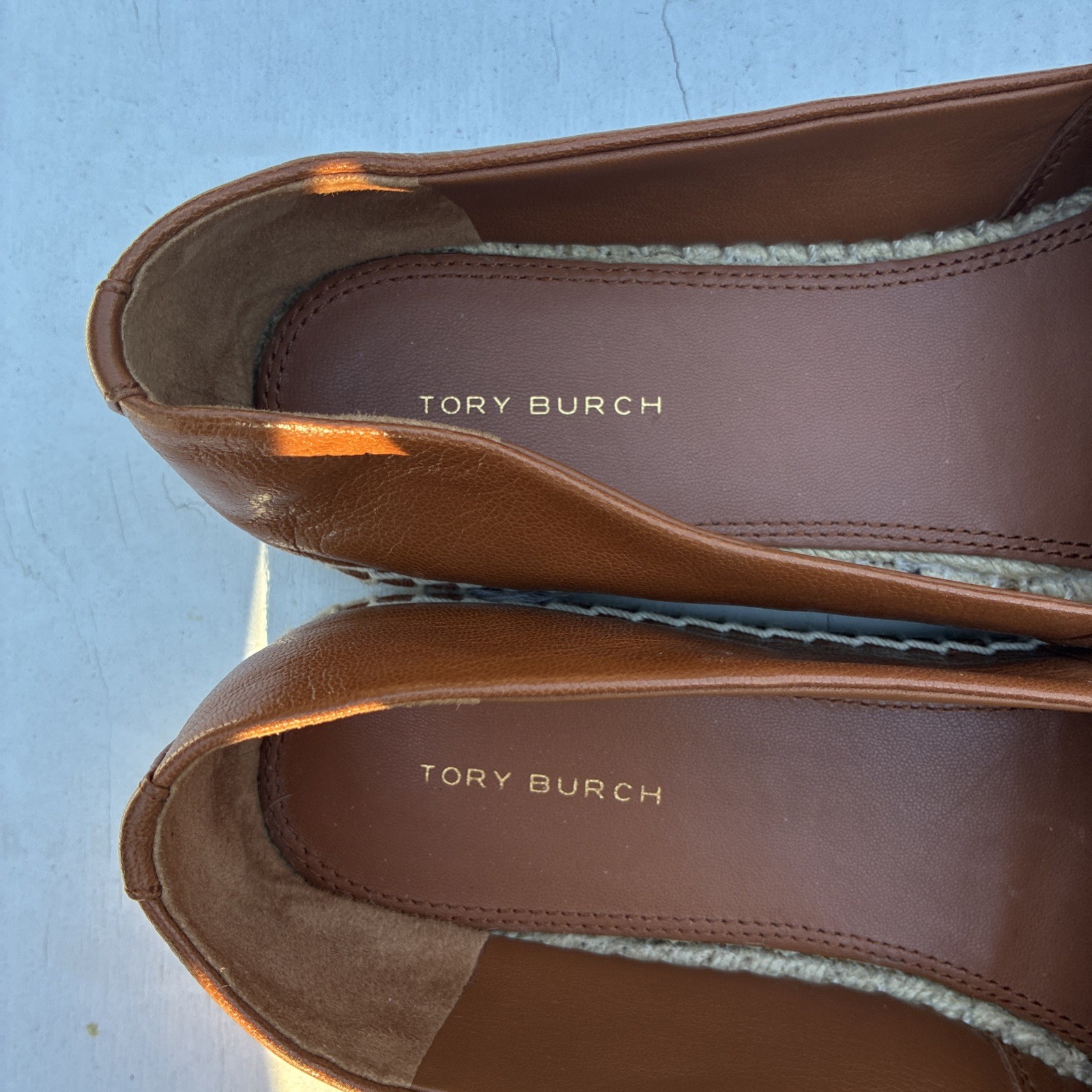Tory Burch Eleanor Espadrille Flats Women’s 8.5 Brown Calf Leather Gold Logo
