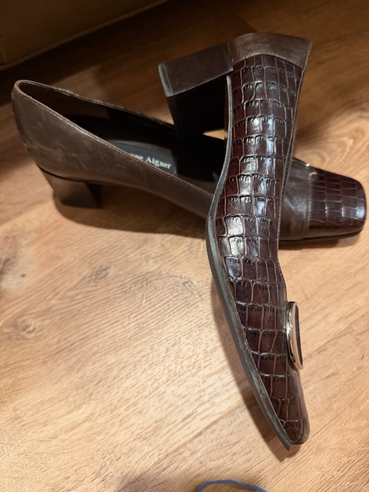 Etienne Aigner Brown Croc Embossed Square Toe Buckle Pump Heels 7.5 M