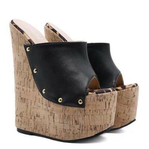Women’s Peep Toe Rivet Wedge High Heel Platform Slip On Sandals Studded Shoes