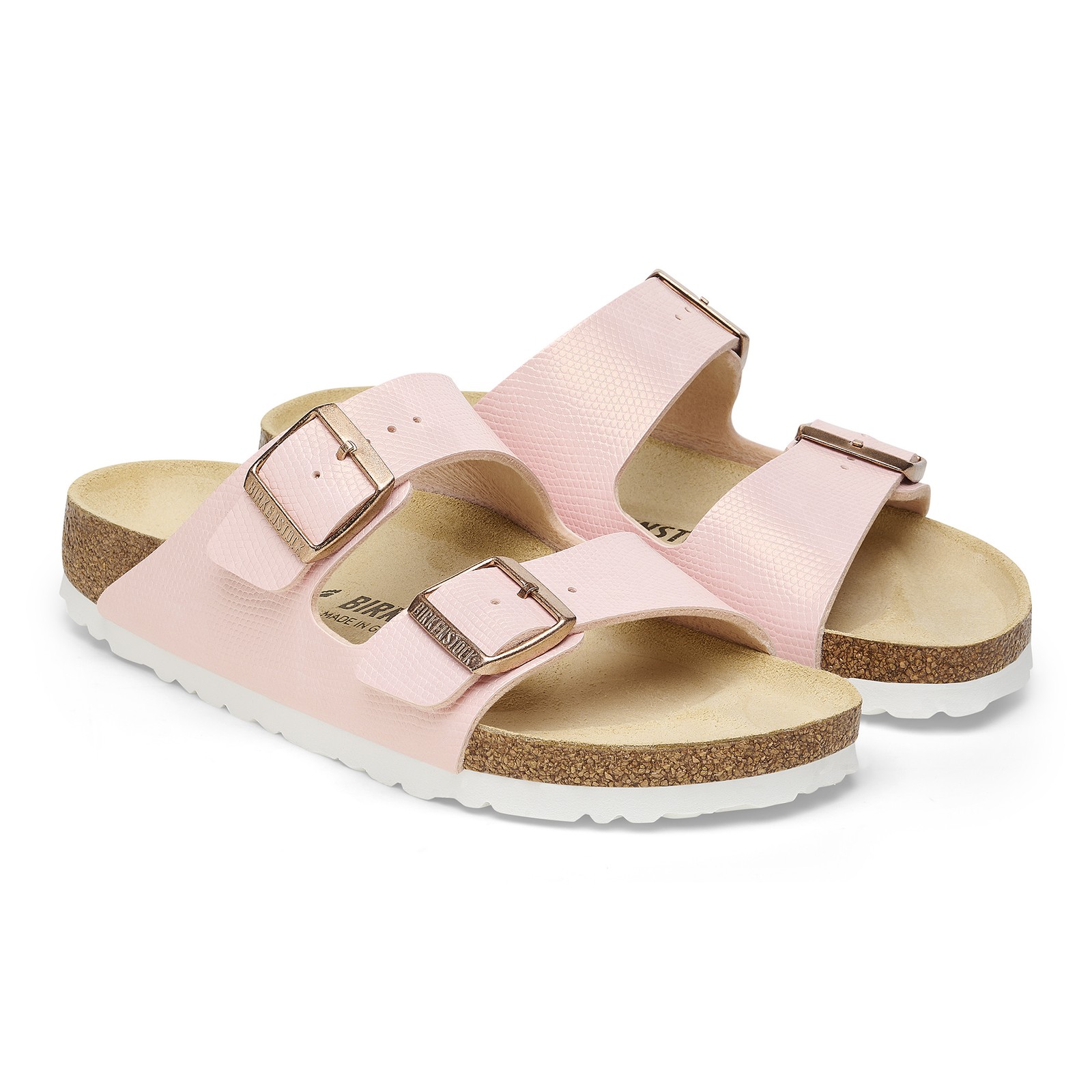 BIRKENSTOCK ARIZONA SHINY LIZARD LIGHT ROSE MEDIUM/NARROW WIDTH SLIDE SANDALS