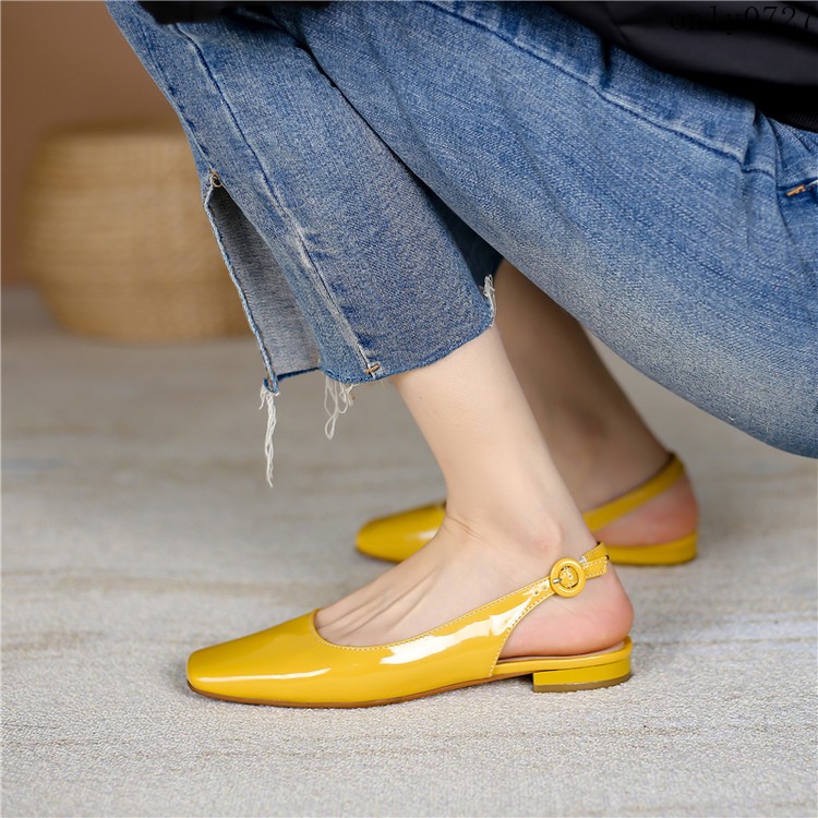 Women Patent Leather Square Toe Slingback Flat Ankle Buckle Office Casual Shoes
