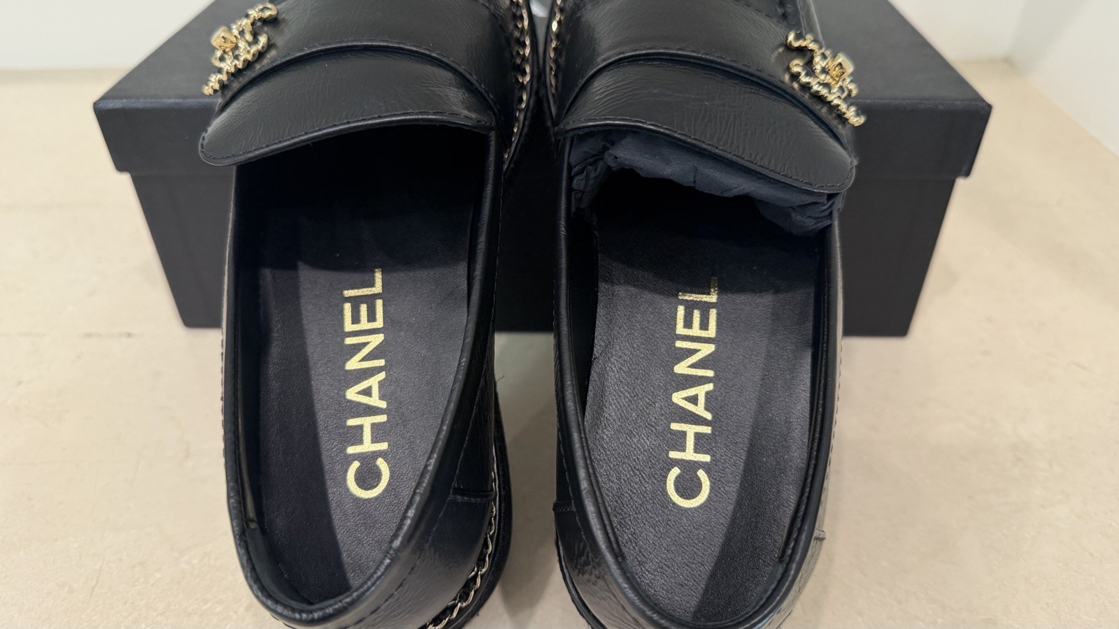 CHANEL Loafers In Black leather W/ Gold Chain Accents; Size 36