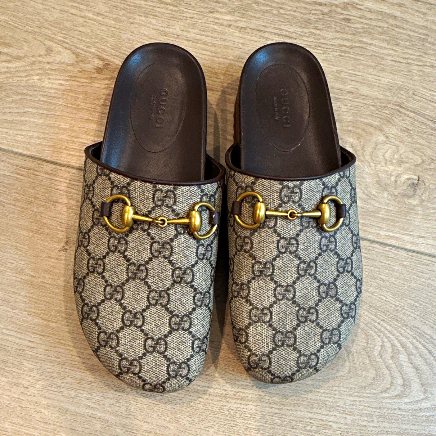 Gucci Women’s GG Monogram Canvas Horsebit Mule Sandals Beige/Brown 7.5