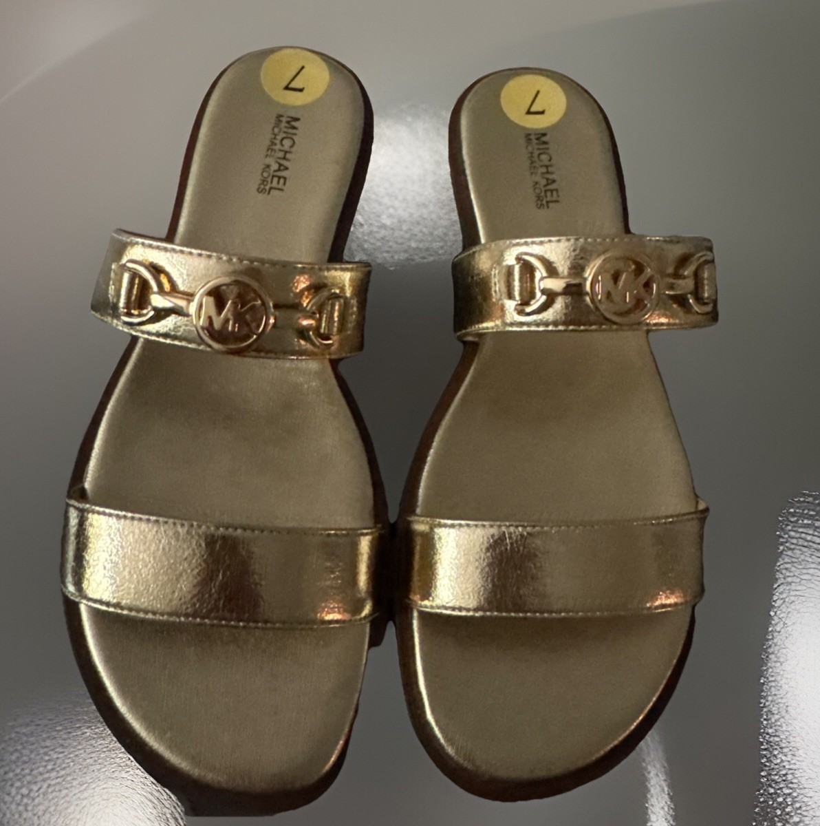 NEW Michael Kors Women Man Made Gold Tone Slip On Flat Sandal, Sz. 7.5M; 9 M