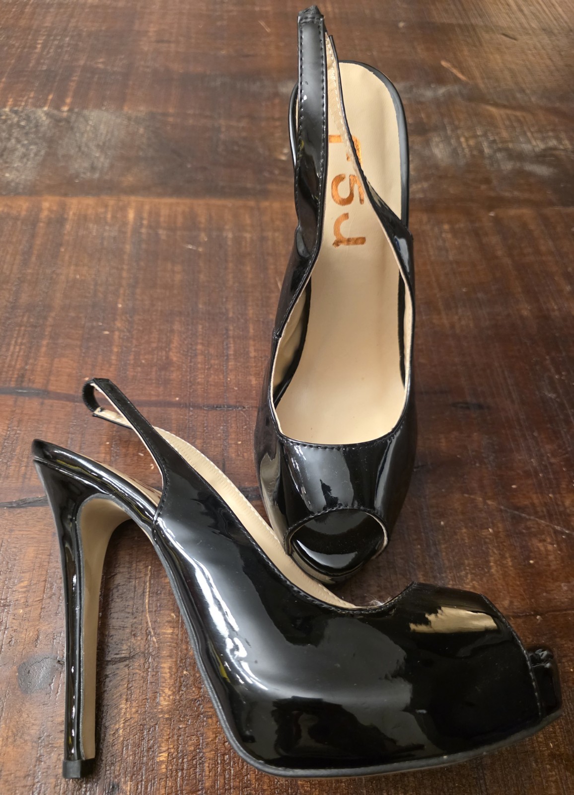 FSJ BLACK PATENT SLINGBACK HEELS – Open Toes – Size 8 *NEW*