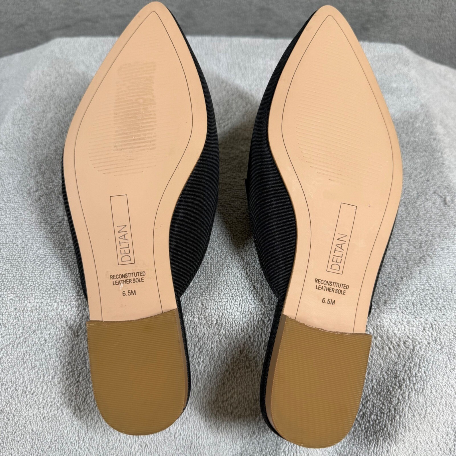 DELTAN Luna Pearl Rhinestone Grosgrain Mules Black Pointed Toe Flats 6.5