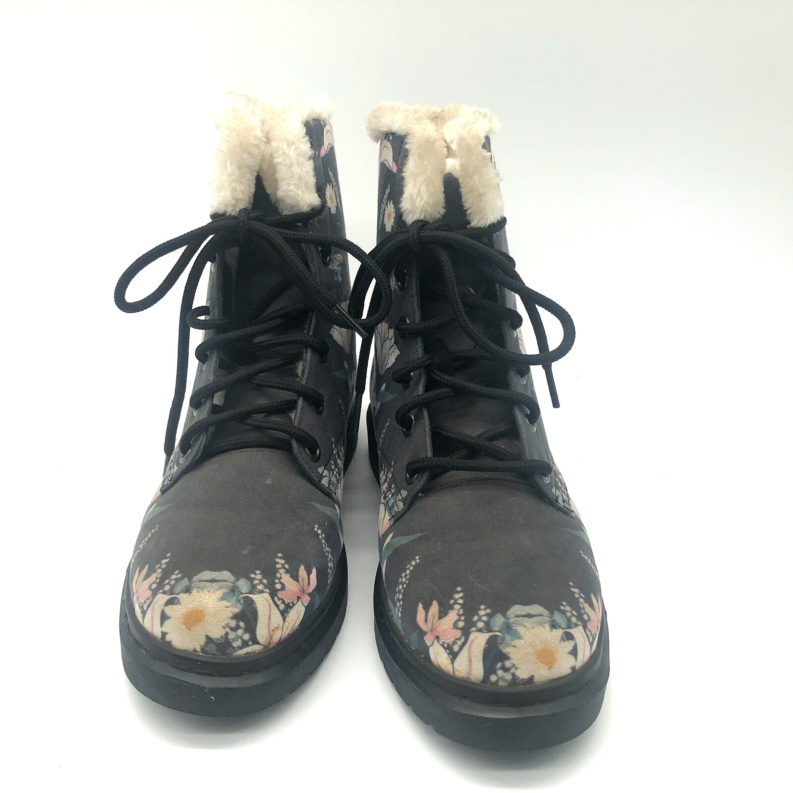 Yes We Vibe Boots Women’s 6.5 Charcoal Gray Lilly Floral Vegan Leather Print