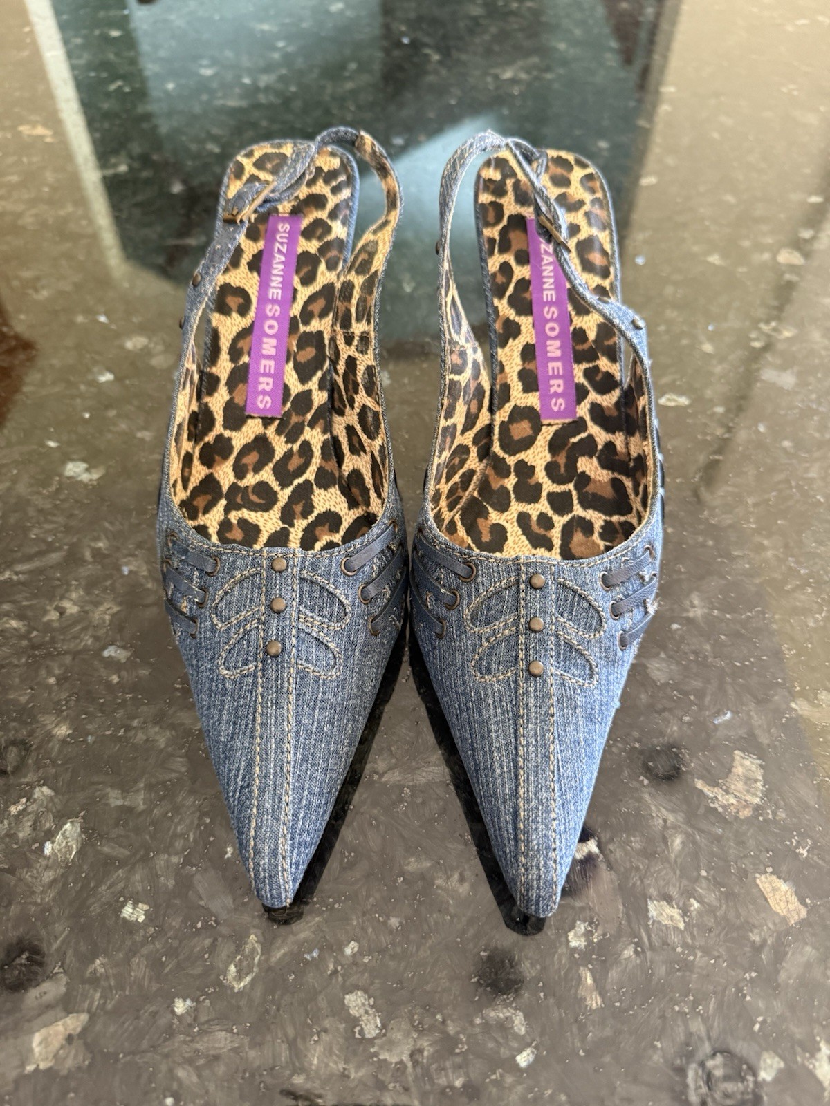 NIB Suzanne Somers Strappy Slingback Denim Leopard Heels Sandals Size 6.5