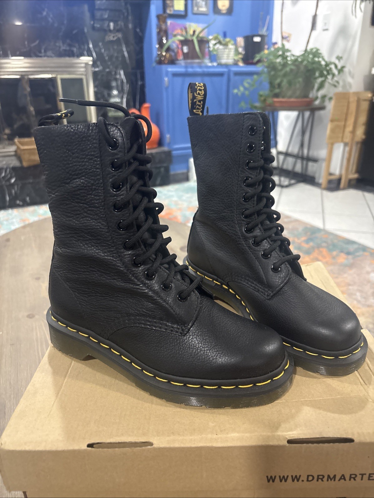 Dr. Martens Pascal 1490 Virginia Leather Boots for Women, Black Grunge Core NIB