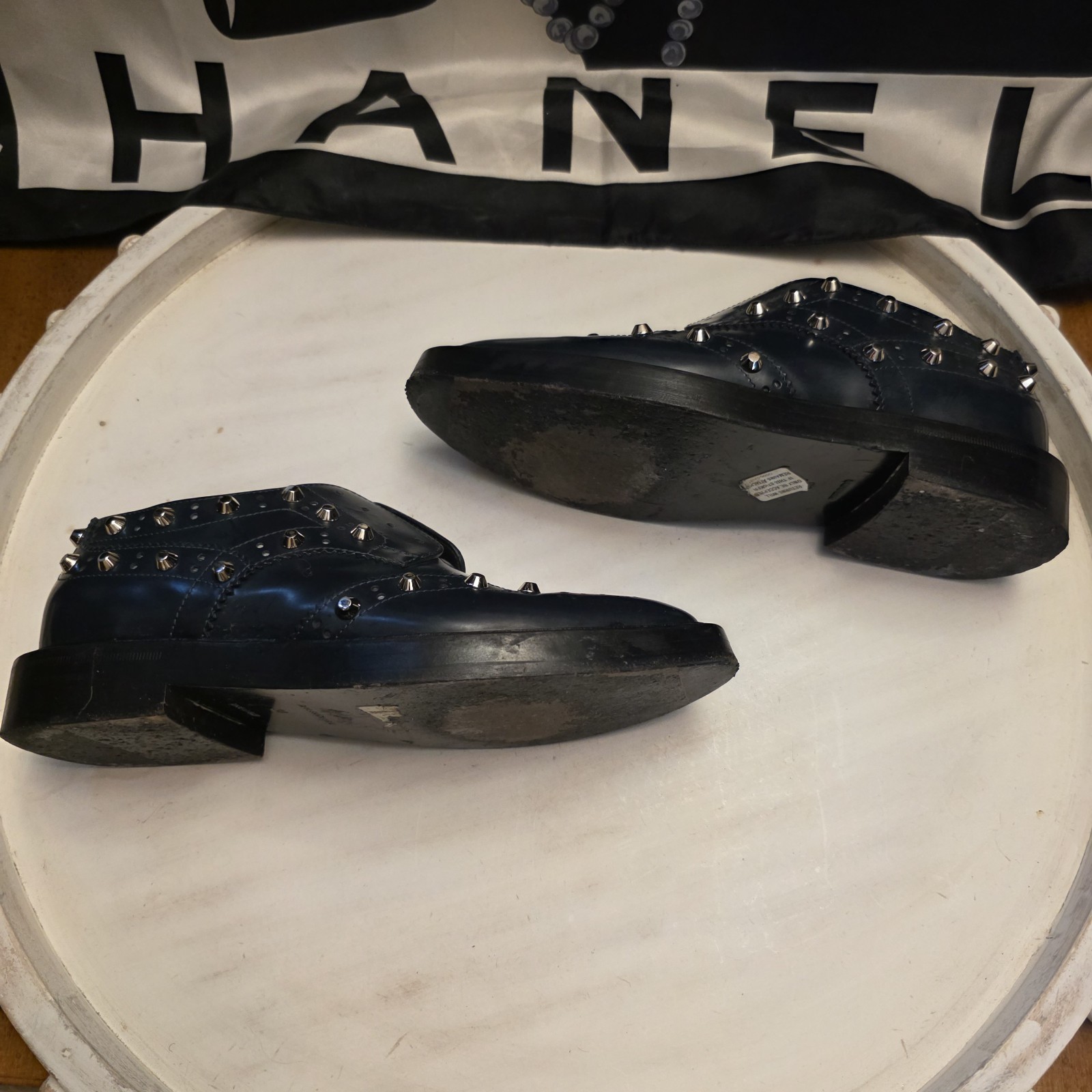 Balenciaga Women’s Black Leather Studded Slip On Loafers. Size 38