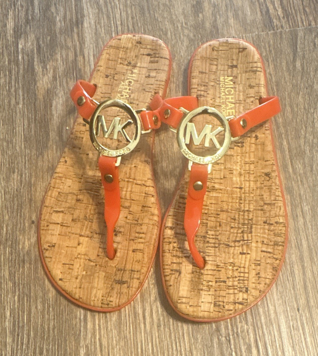 Michael Kors Women’s Orange/Tan Logo Thong Cork Insole Sandals 7 M Patent