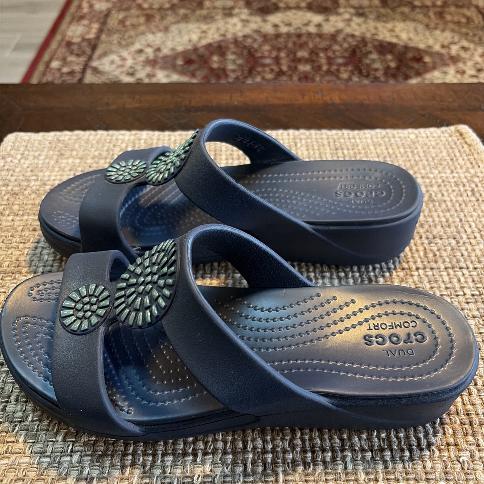 Crocs Monterey Diamante Wedge Slide Sandals Slip On Women 8 Navy Blue 206367