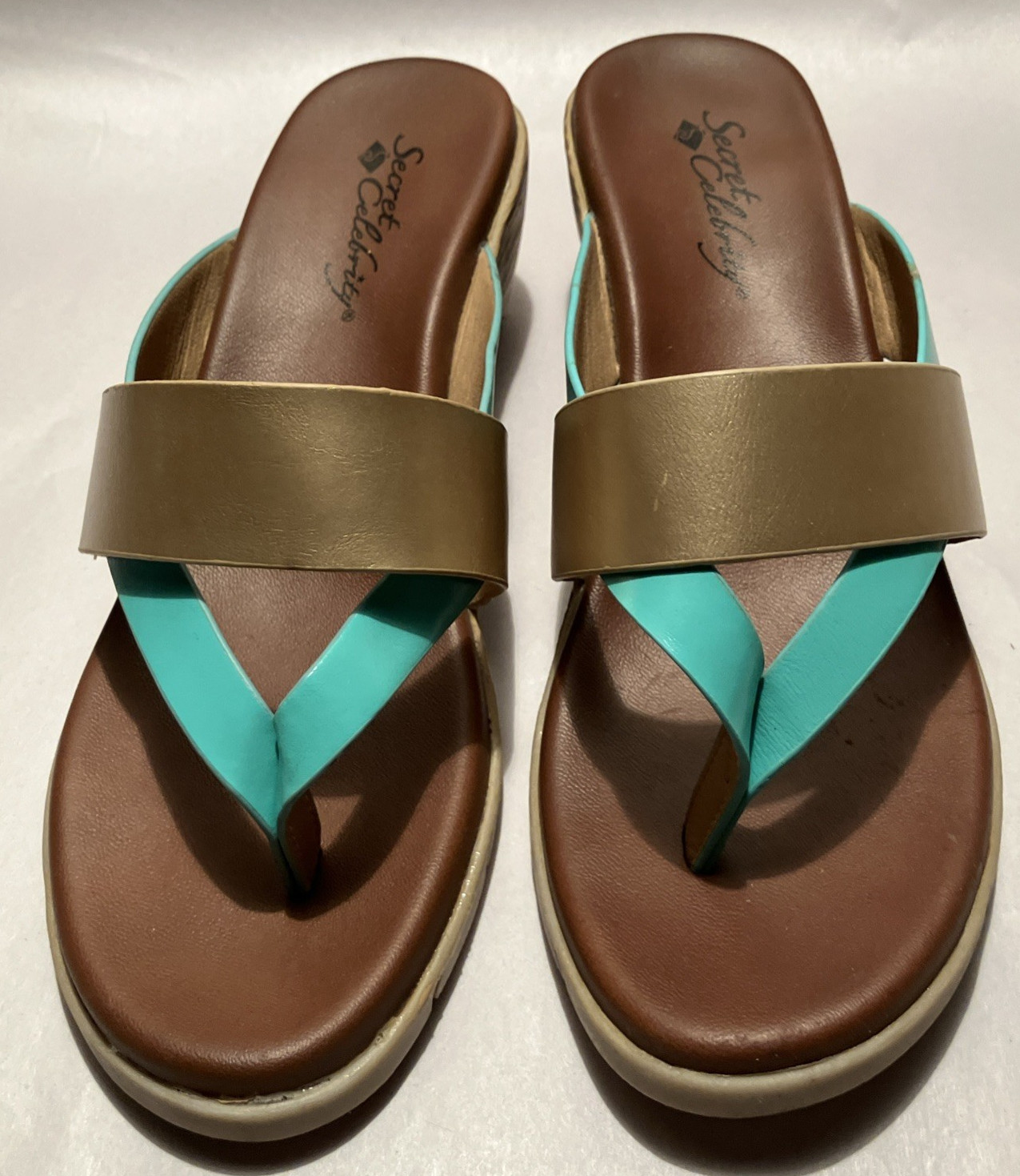 New Secret Celebrity Eclipse Women 8M Turquoise/Gold Strap 2″ Wedge Heel Sandals