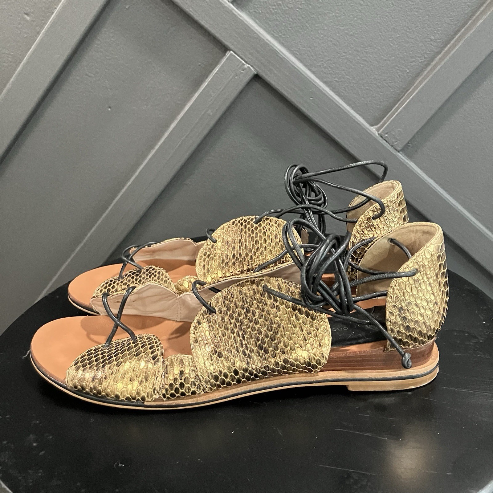 Crosby Derek Lam Snakeskin Print Lace Up Gladiator Sandals Ankle Wrap Flats