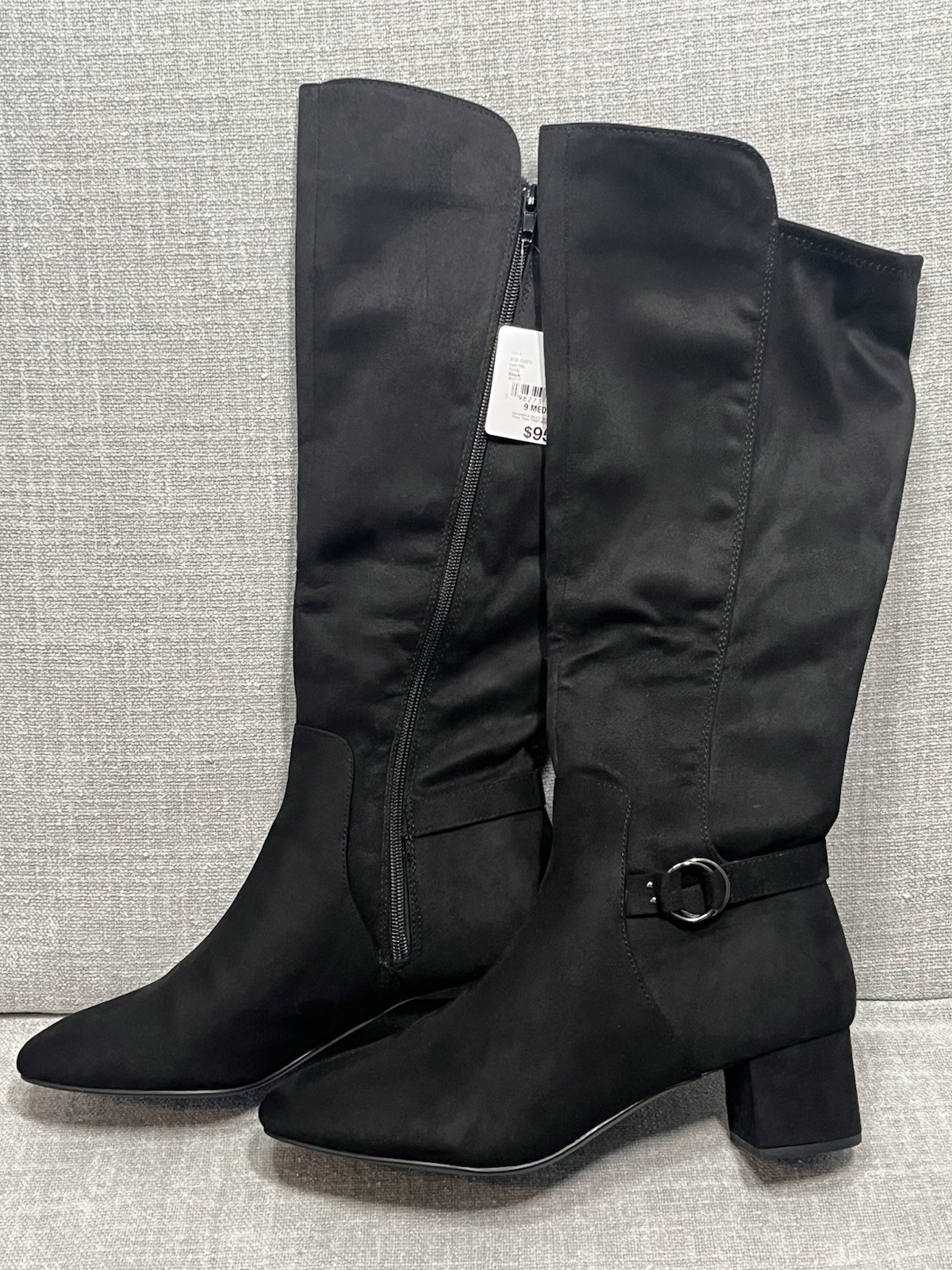 Black Knee High Boots 9M Block Heel Faux Suede Zip City Chic Modern Evening Goth