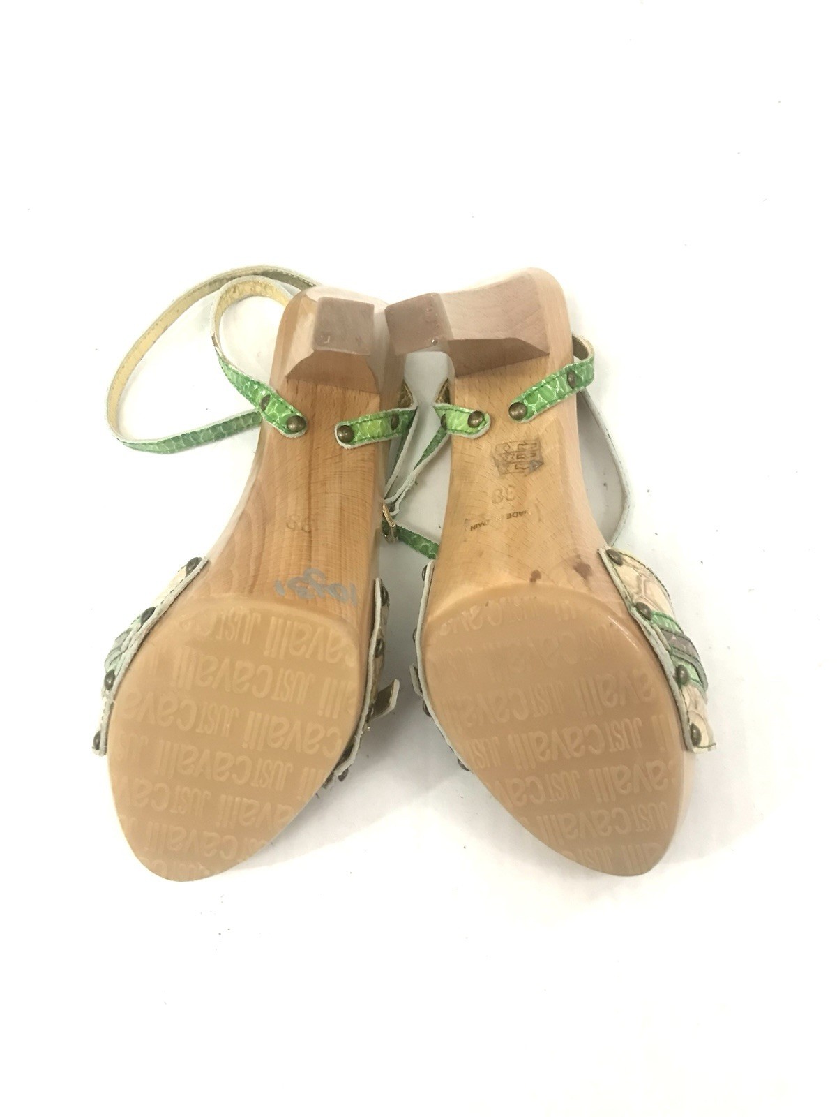 Just Cavalli Wooden Platform Green Snake Embossed Sandals – Size EU 38 | US 8