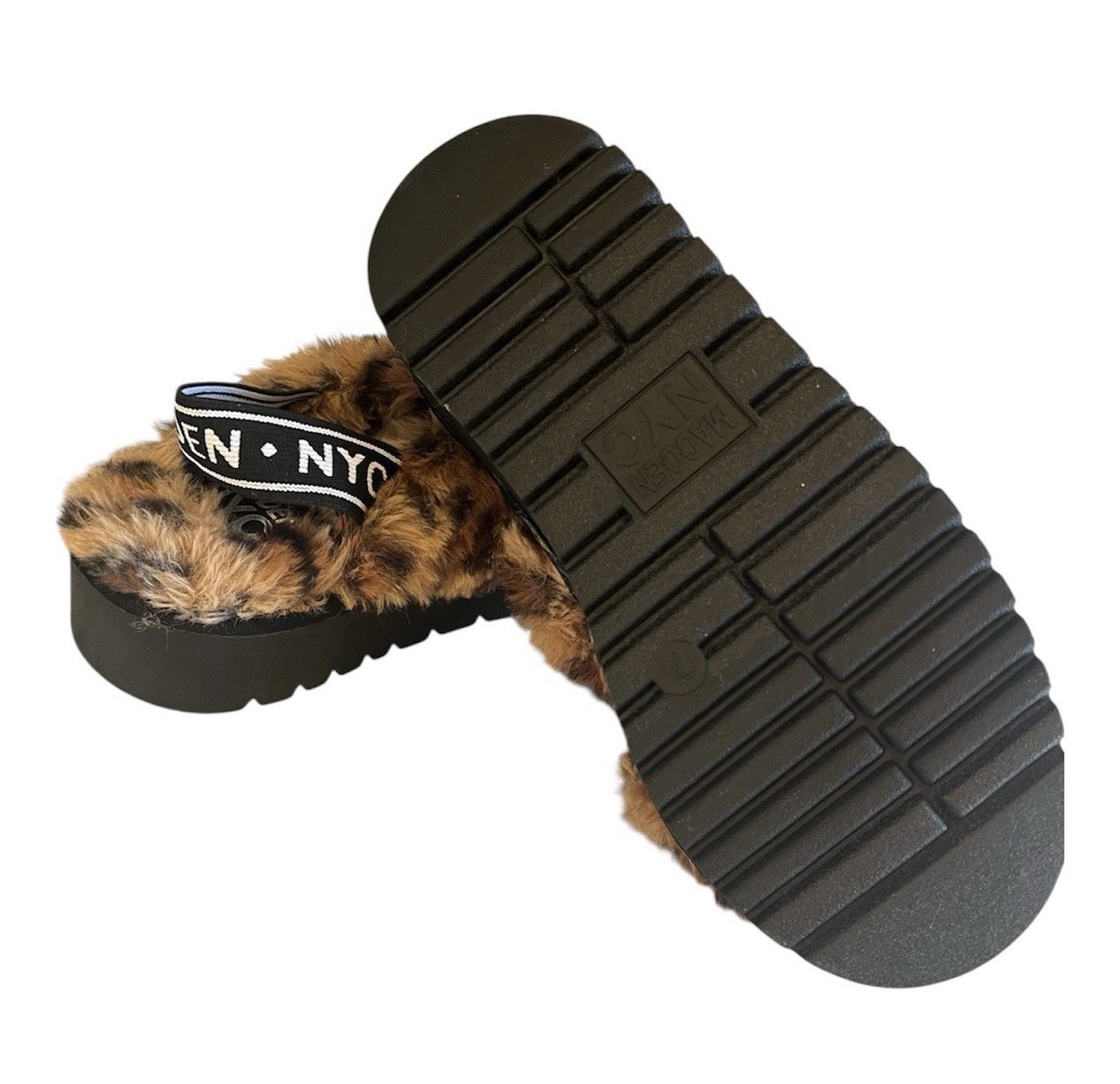 Madden NYC Faux Fur Animal Print Slide Sandals Women’s Flat Slip On Size 7