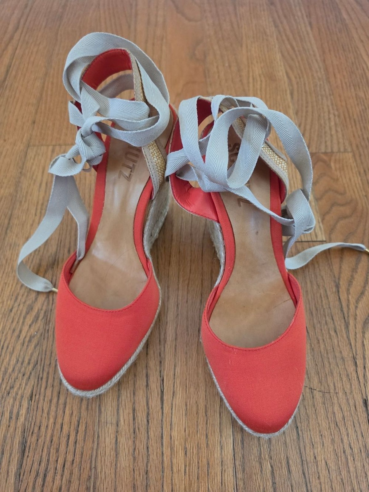 NEW! SCHUTZ Coral Canvas Espadrille Wedge Sandals with Gray Ankle Wraps Size 10