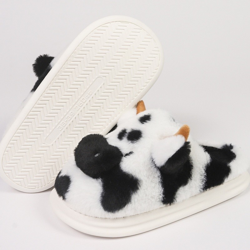 Winter Plush Warm Cotton Slippers Women Cute Cow Indoor Shoes Oversized EU 35-44