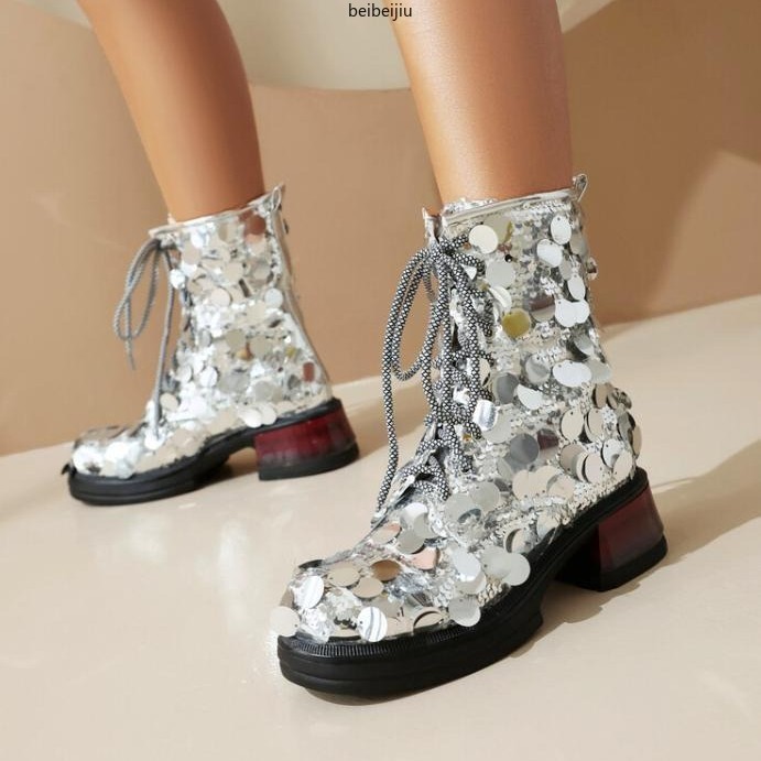 Bling Bling Sequins Ankle Boots Low Cuban Heel Round Toe Women’s Lace Up Shoes
