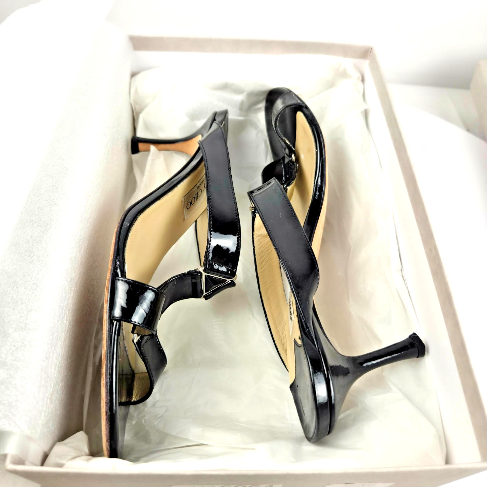 Jimmy Choo Black Patent Leather T Strap Kitten Heel Sandals Size 41 Vintage