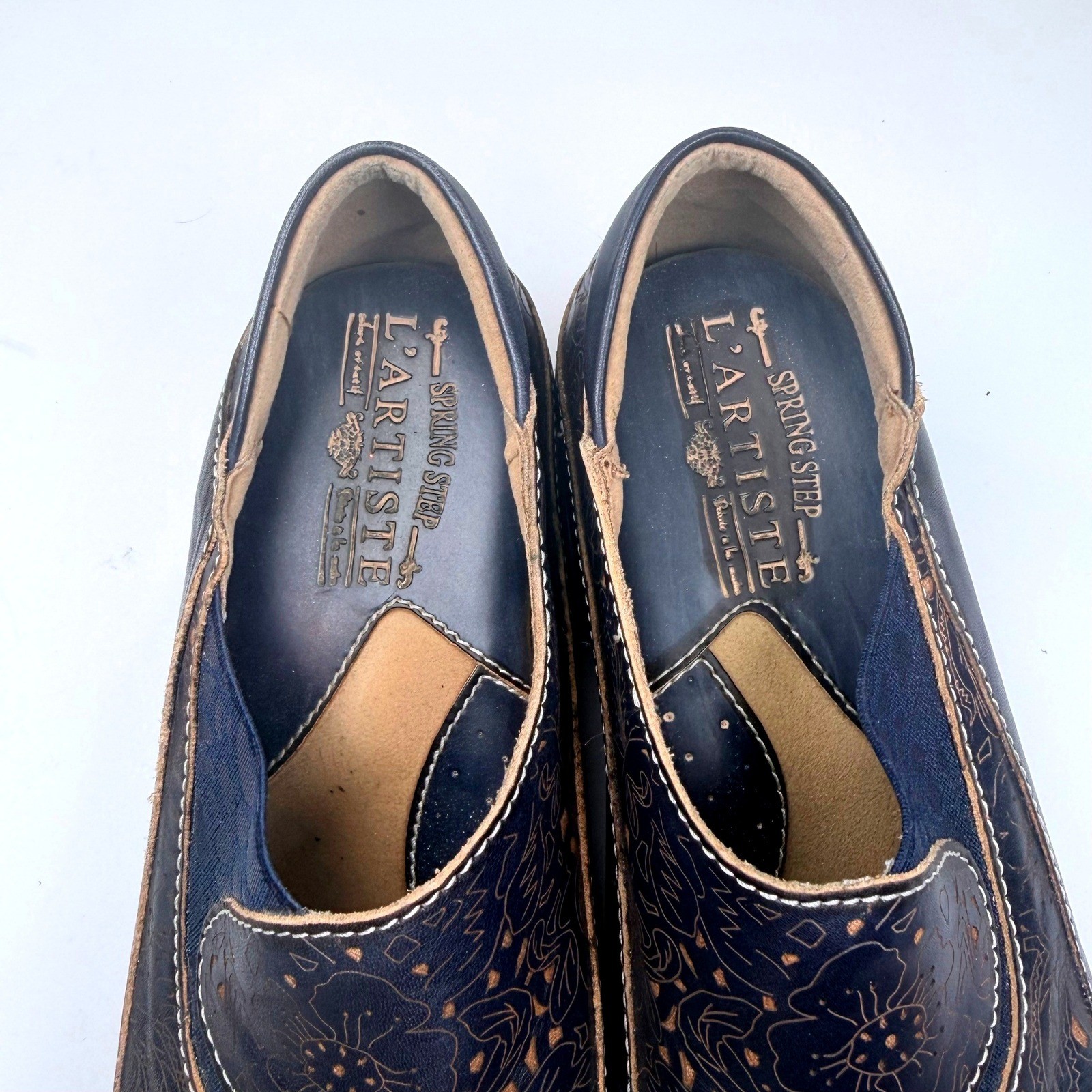 Spring Step L’Artiste Burbank Clogs Womens 37/6.5-7 Blue Floral Leather Slip On